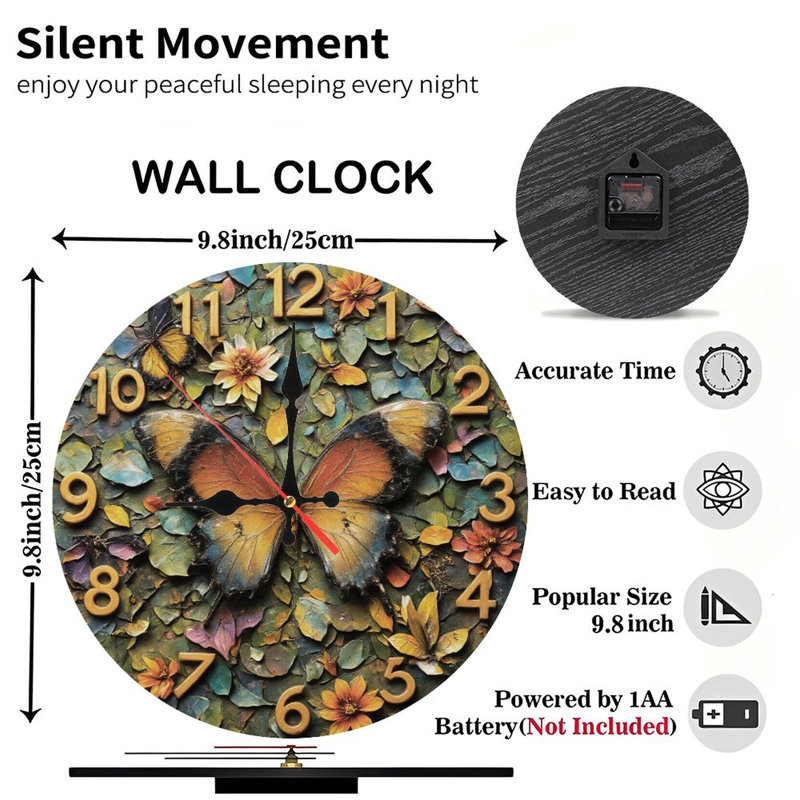Horloge, chiffres, papillon, fleurs