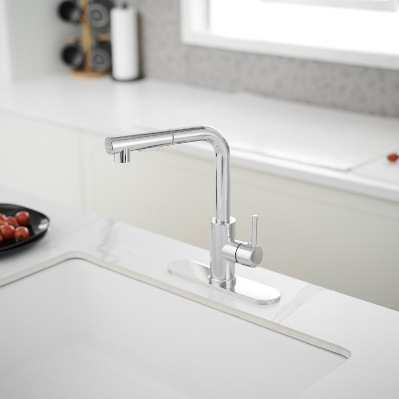 Pull Out Single Handle Kitchen Faucet With Deck Plate and Supply Lines, Chrome