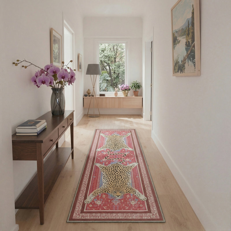 Tapis lavable à motif léopard Alinda Apex, Tapis de couloir 2 pi 6 po x 8 pi, Merlot / Beige / Brown