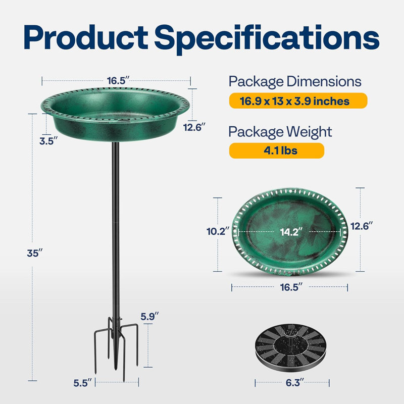 Green Polyresin Oval Bird Bath Bowl with Solar Fountain and Metal Stake