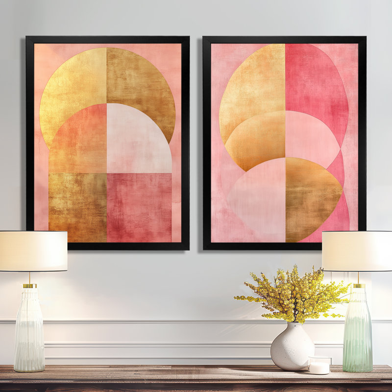 «Pink and Gold Flow Arcs», ensemble d'art mural moderne sur toile abstraite, H 32 po x l 48 po, Cadre naturel flottant