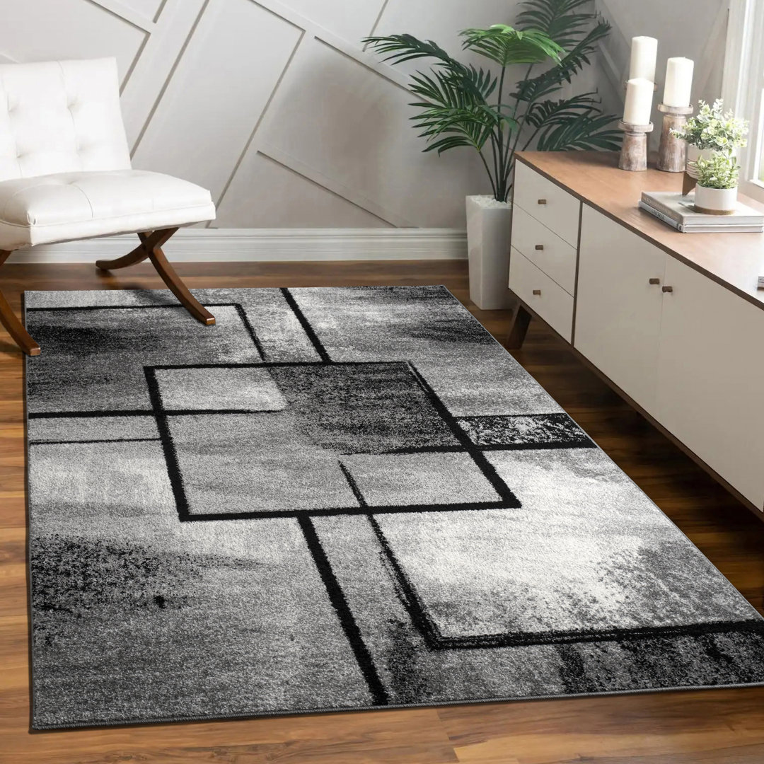 Wohnzimmer Vintage Kurzflor Modern Geometrisches Muster Abstrakt Teppich Burdick in Grau