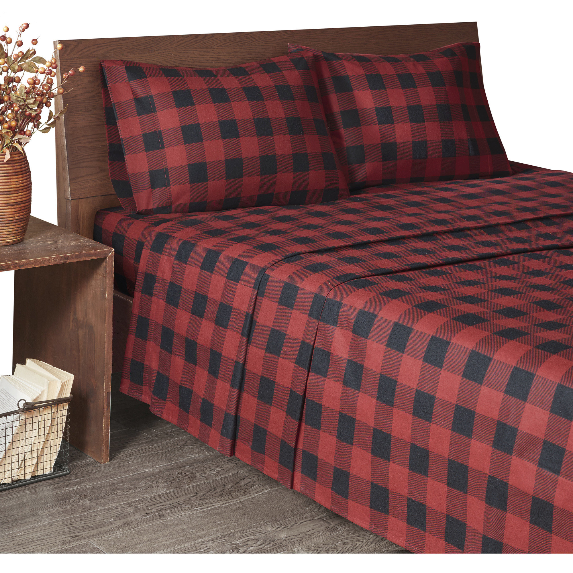 Woolrich 100% Cotton Flannel Sheet Set, California King Sheet Set with 2 Pillowcases, Red/Black Plaid