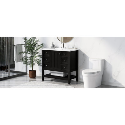 Ensemble de meuble-lavabo 36 po avec lavabo, une armoire et trois tiroirs, bois massif et panneau de fibres à densité moyenne