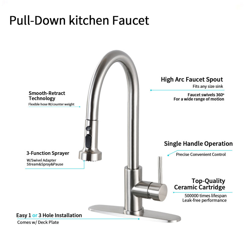Robinet de cuisine rétractable en acier inoxydable avec distributeur de savon en nickel brossé