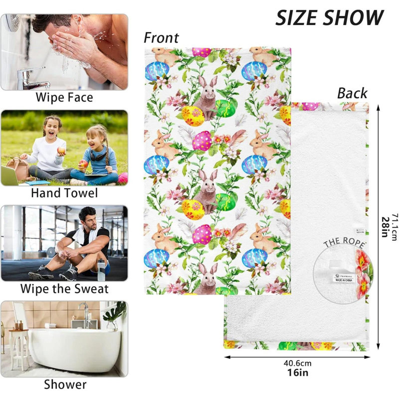 Serviettes de Pâques en coton, serviettes de lapin de Pâques dans des fleurs d'herbe, serviettes ultra douces et très absorbantes pour salle de bain, paquet de 2