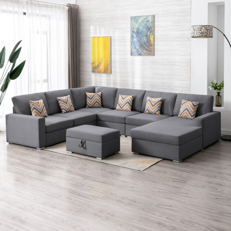 Canapé modulaire réversible en tissu de lin de 124 po avec pieds interchangeables, repose-pieds et rangement