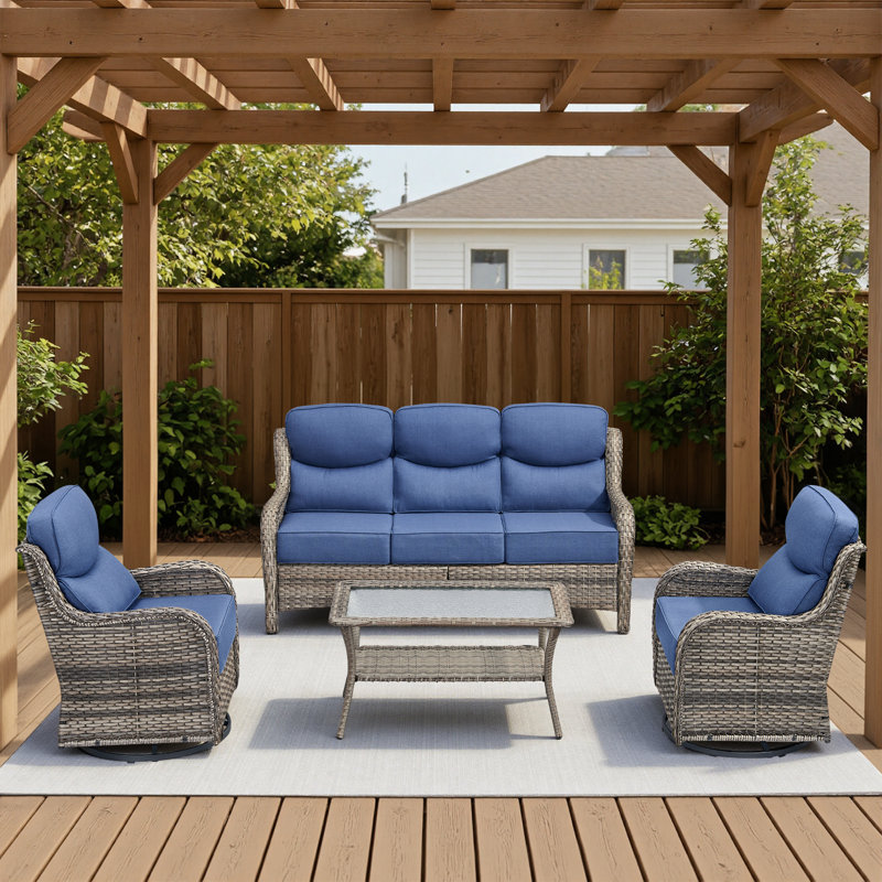 Ensemble de conversation en osier pour patio extérieur avec fauteuils pivotants et table basse extérieure, Gris, Bleu