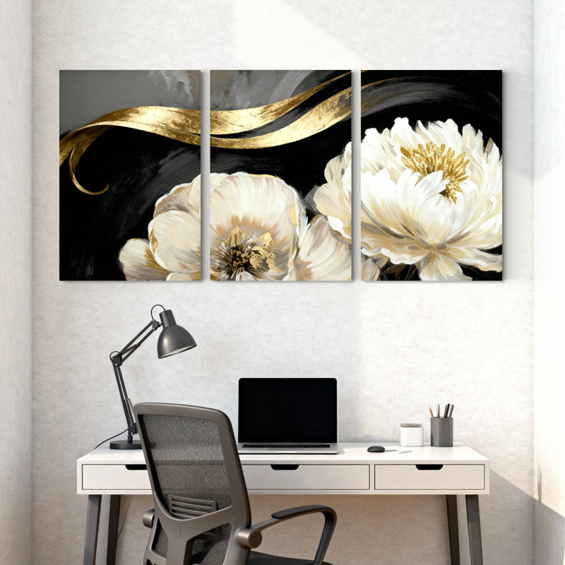 Pivoine Vague dorée fleurs blanches sur fond noir, ensemble de 3 impressions sur toile, H 18 po x l 36 po