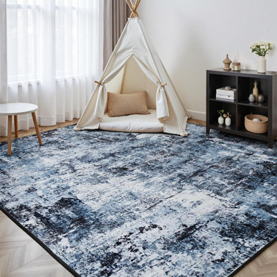 9'X12' Modern Dark Abstract Washable Area Rugs for Living Room Blue