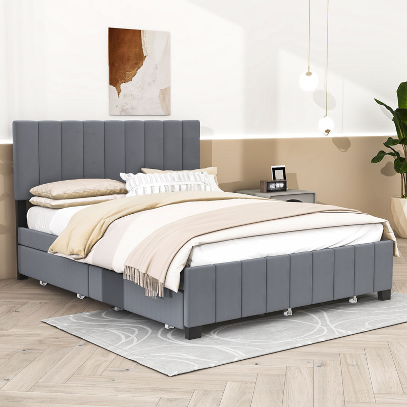 Lit avec rangement en tissu d'ameublement Makeyla, gris