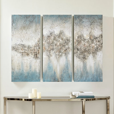 3 Abstract Wall Decoration, Blue Grey With Heavy Texturing And Natural Stone, 15"x35", Indoor Use Only Heavily Textured Decor, Rock Detail, 15"w X 35"h, For Spaces