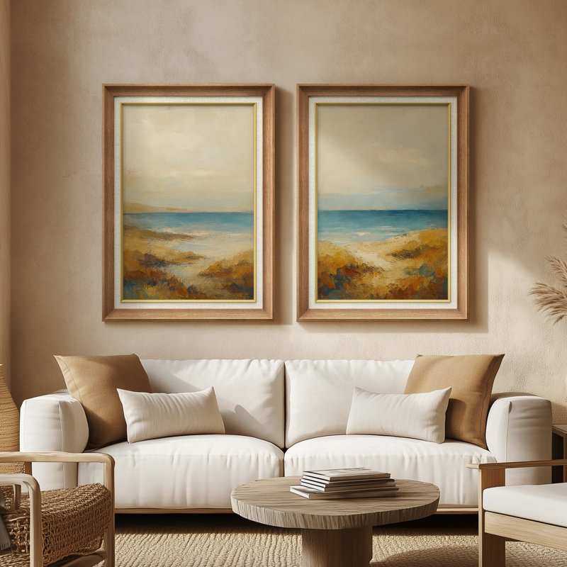Paysage côtier côtier avec ciel et mer - ensemble de 2 reproductions d'art encadrées de qualité supérieure sur papier 26 po x 36 po