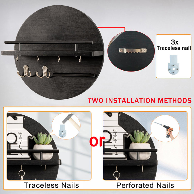 Key Holder for Wall Decorative with Shelf and Hooks, Black