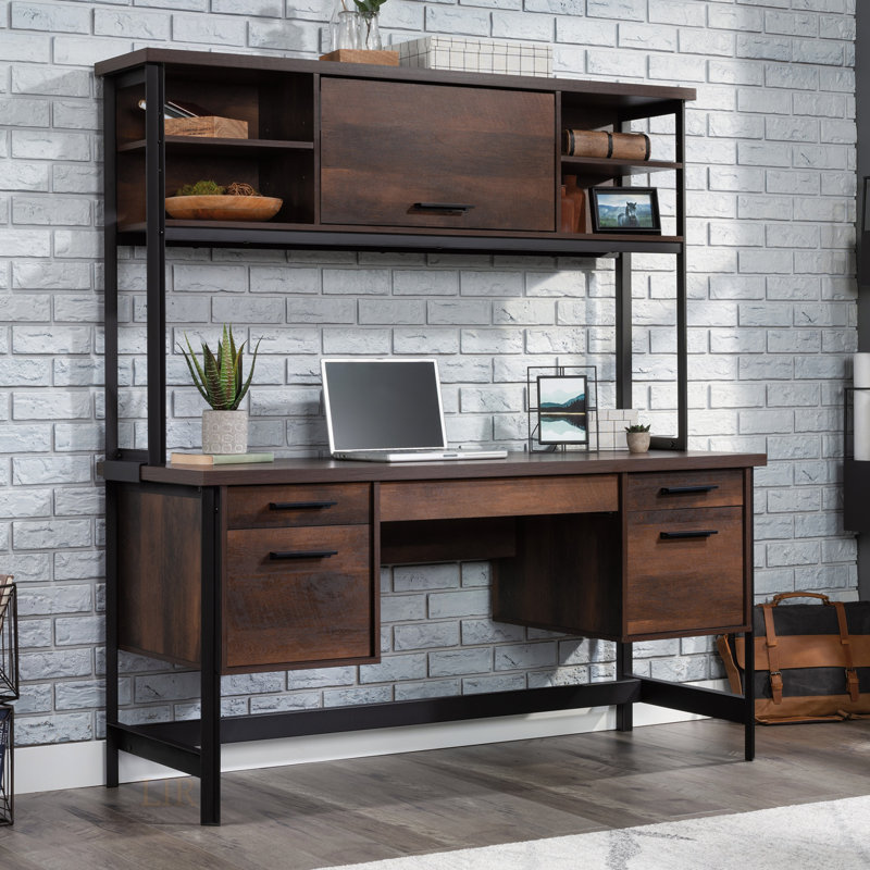 Ensemble de bureau d'ordinateur et bahut spacieux avec plateau à clavier rabattable, tiroirs faciles d'accès et rangement dissimulé pour une organisation et une productivité accrues.
