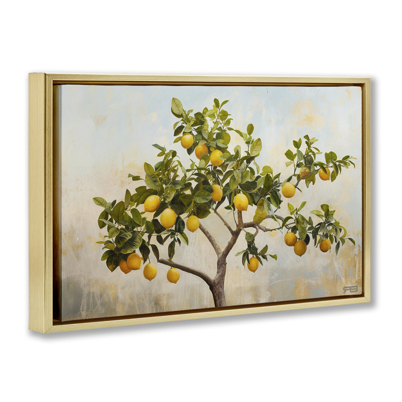 Toile flottante encadrée «Lemon Tree Branches» par RB, Cadre flottant métallique doré, H 17 po x l 25 po