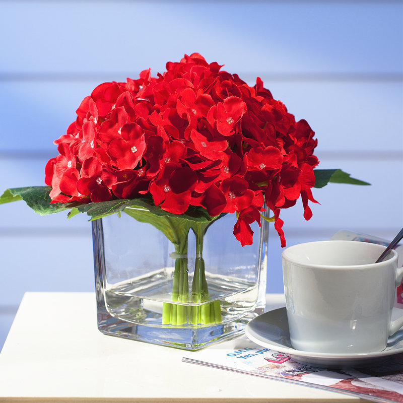 Silk Hydrangea Arrangement in Vase, Red