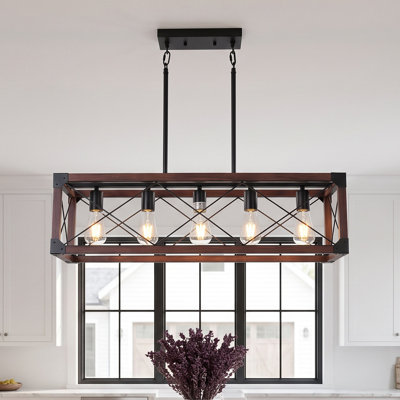 32'' 5-Light Rustic Red Walnut Wood Chandelier Farmhouse Kitchen Island Pendant Light