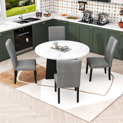 5-Piece Round Dining Set, Modern Table with 4 Upholstered Chairs for Dining Room & Kitchen