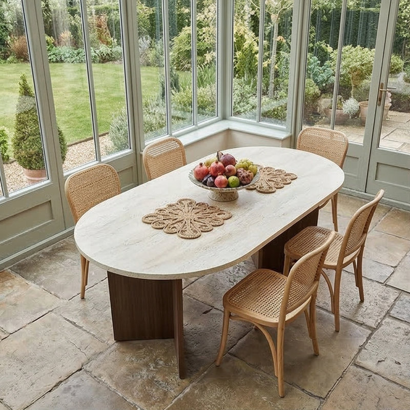 Aveline 71" Oval Multipurpose Dining And Conference Table, Travertine/Walnut