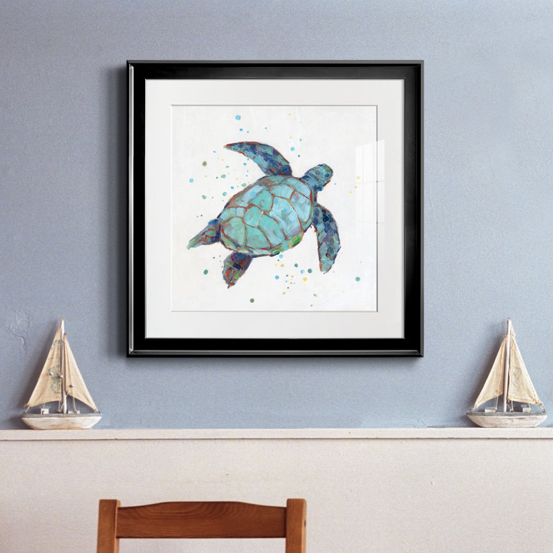 Bulle bleue tortue I - peinture encadrée, Toile avec cadre noir, H 17,5 po x l 17,5 po x P 1,5 po