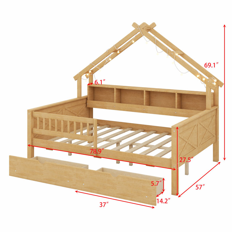 Lits plateforme Woodhouse avec DEL, tablettes de rangement, tiroirs et garde-corps, Naturel