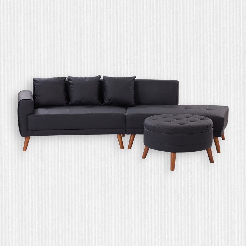 Canapé modulaire 2 pièces avec repose-pieds, Similicuir noir