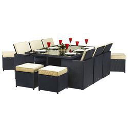 10 - Person Wicker Patio Dining Set with Rectangular Table , Cushions Included, Black