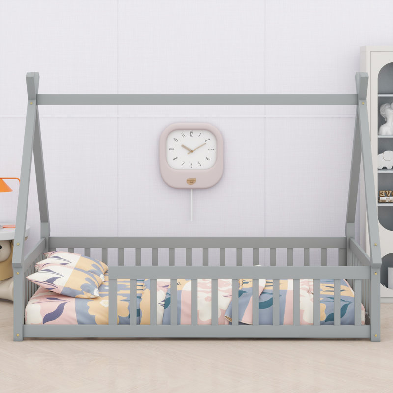 Children Tent-Shaped Floor Bed With Protective Guardrails, Gris, Lit simple