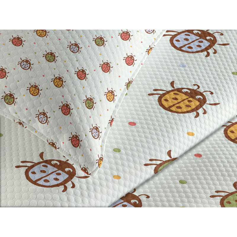 Ambesonne Cartoon Bedspread Set Pastel Colored Ladybugs Multicolor, King Coverlet / Bedspread + 2 Standard Shams