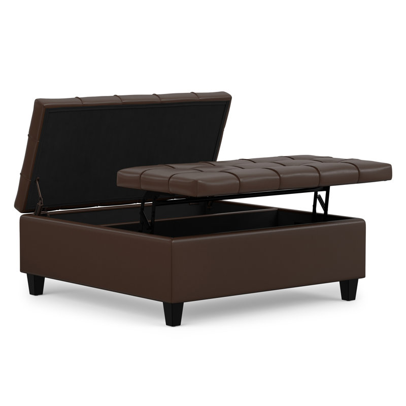 Harrison 40"W Upholstered Transitional Square Lift-Top Ottoman with Sturdy Base, Harrison Brown Faux Leather