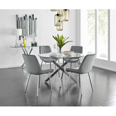 Tierra Modern Metal & Glass Round Dining Table Set with 4 Luxury Velvet Dining Chairs