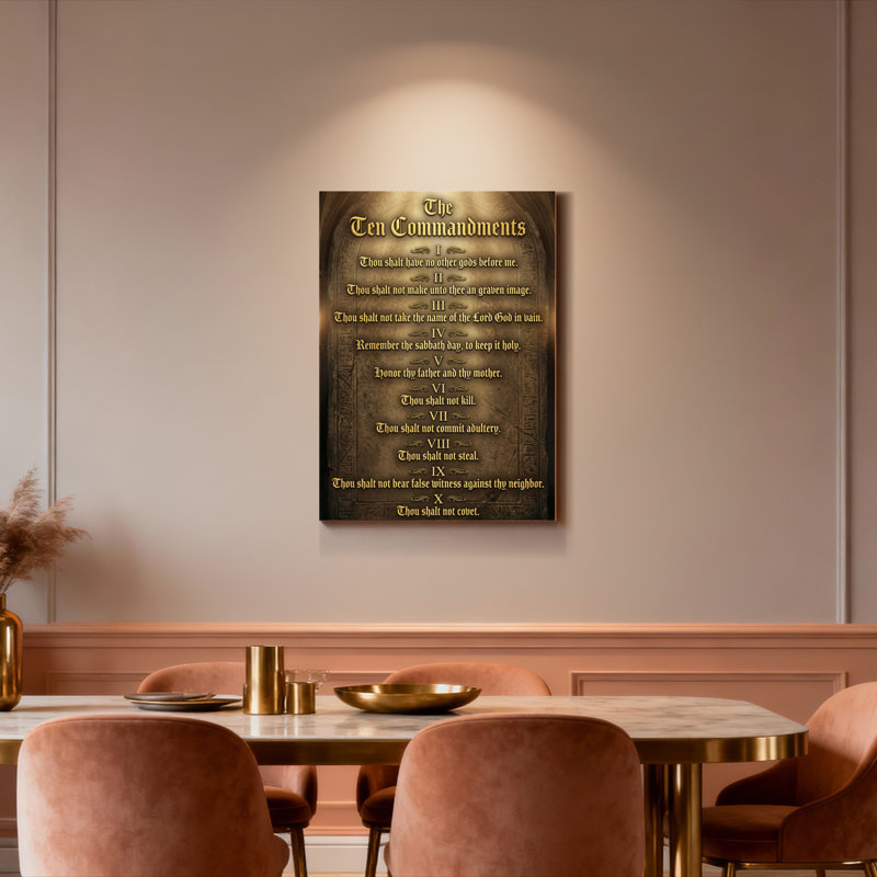 Tableau mural sur toile tendue reprenant le texte religieux des Dix Commandements (1 pièce), H 48 po x l 32 po