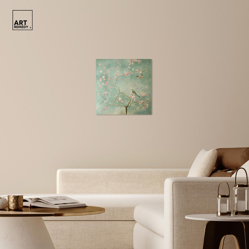 24" x 24" Wrapped Canvas Chinoiserie Art in Pastel Green and Pink