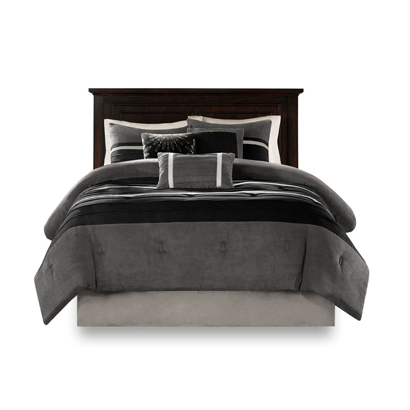 Édredon 7 pièces pour très grand lit - Faux suède noir avec jupe de lit moelleuse lavable à la machine