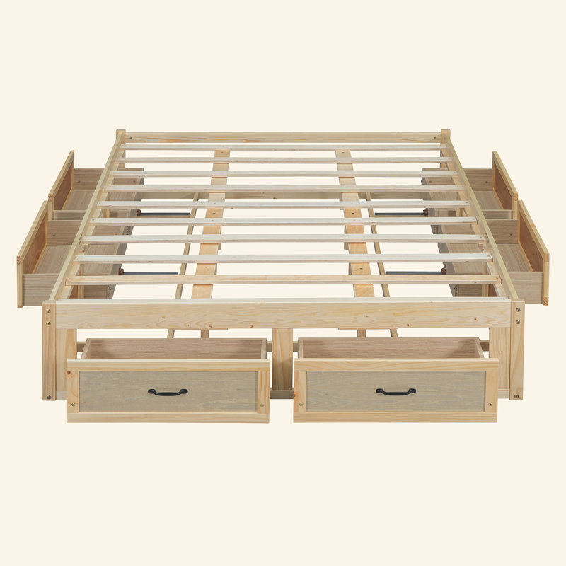 Lit plateforme avec 6 tiroirs de rangement, Antique Natural, Grand lit