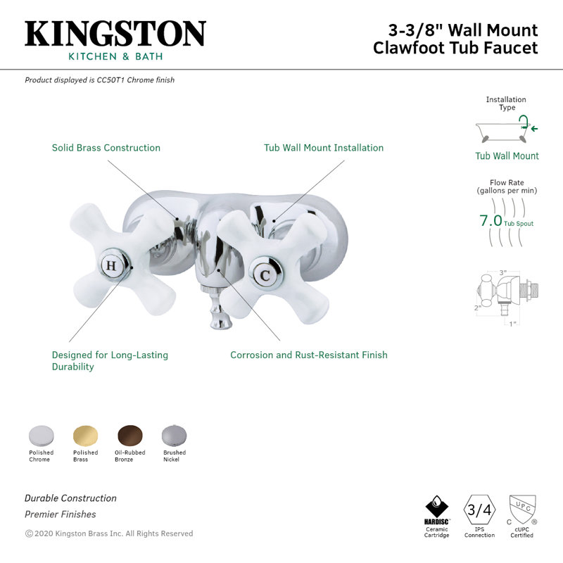 Kingston Brass Vintage Two-Handle 2-Hole Tub Wall Mount Clawfoot Tub Faucet, Brushed Nickel