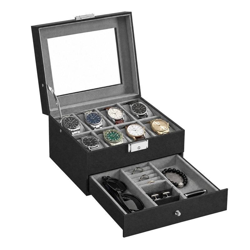 Boîte à montre, boîte à montre avec couvercle en verre, vitrine à 2 niveaux pour 6 montres, verrouillable, 1 tiroir, pour bagues, bracelets, idée cadeau