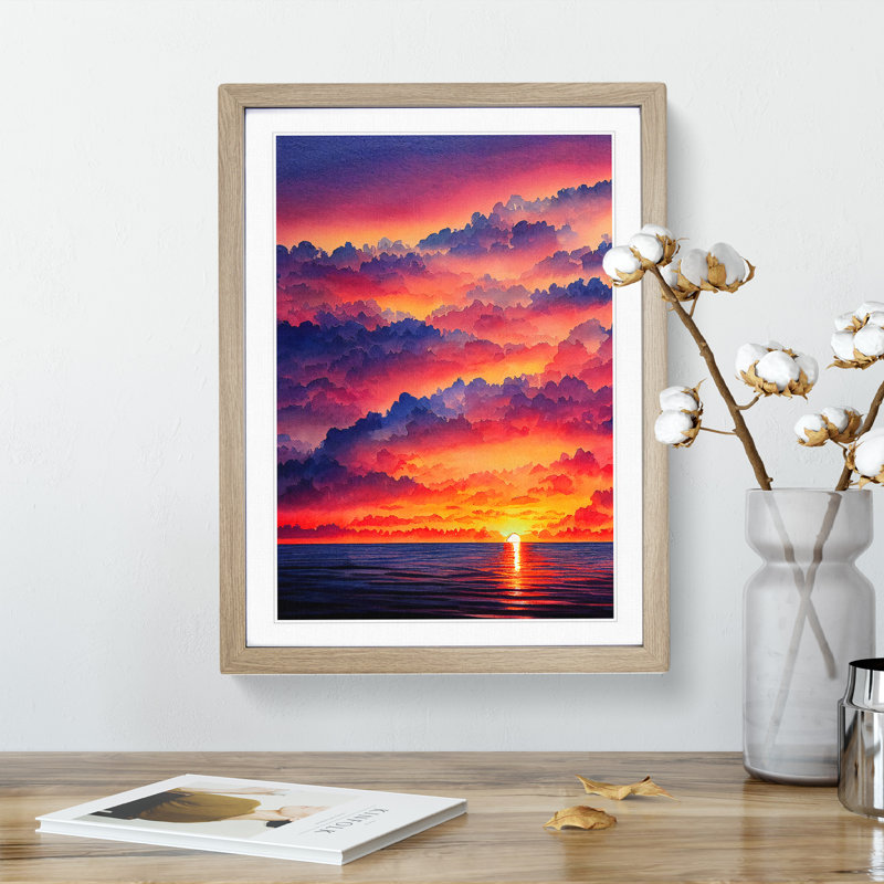 Striking Ocean Sunset No.5 - Framed Print, 34cm H x 25cm W x 2cm D, Oak 