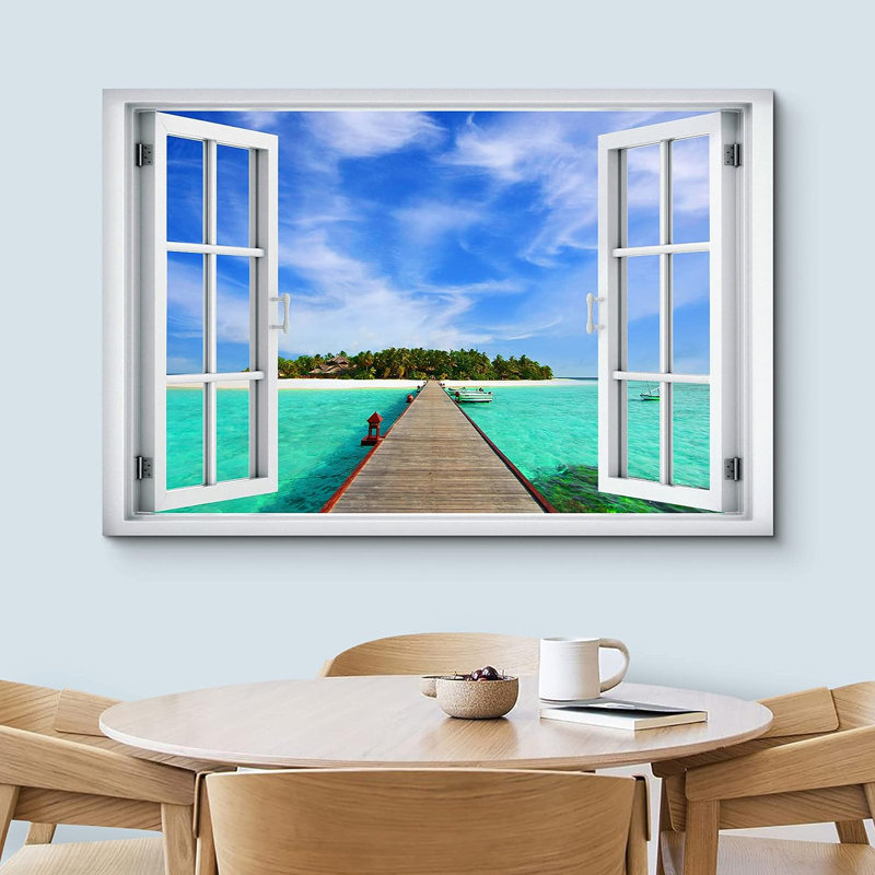 «Window View Pier To Tropical Island Holiday Getaway Wilderness Nature», reproduction sur toile, H 12 po x l 18 po x P 1,5 po