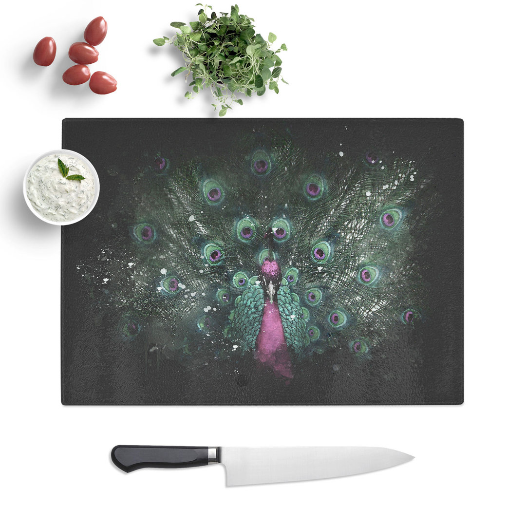 Tempered Glass Mesmerising Pink & Green Peacock Chopping Board