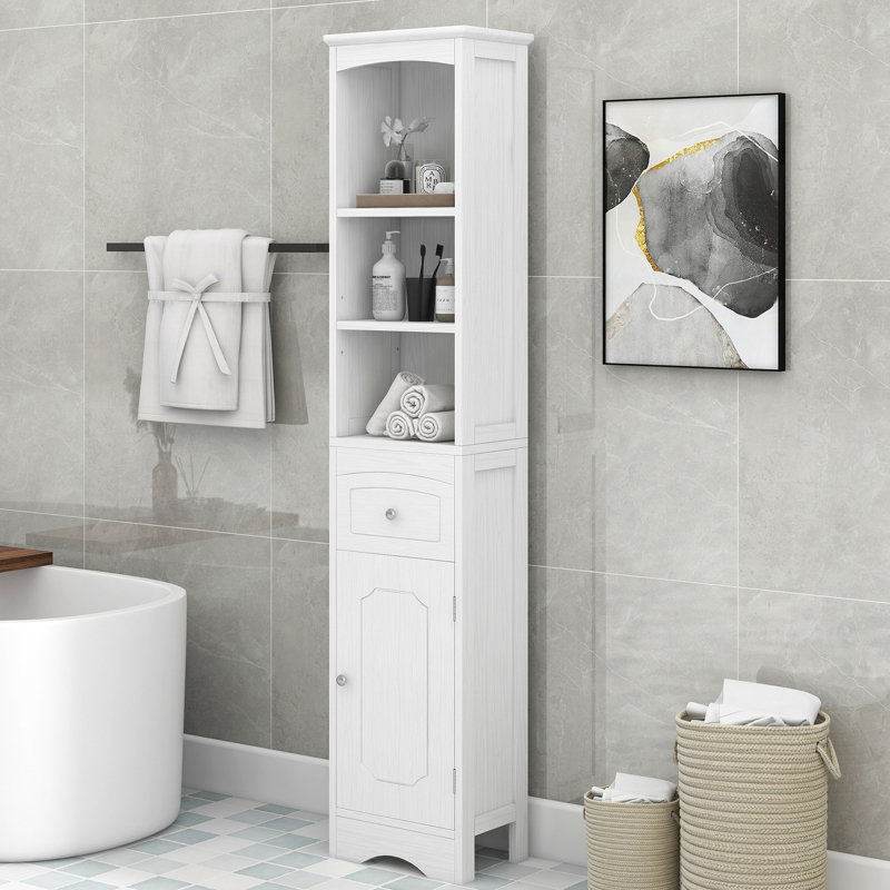 Armoire de salle de bain - Tablette réglable, peu encombrante et haute avec tiroir et tablette, Blanc