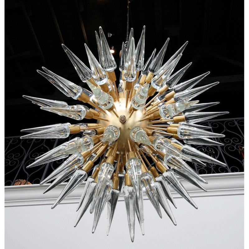 Lustre sphérique lumineux à DEL avec détails en verre, forme conique italienne, 52" Diameter x 68" Height, Transparent, Or