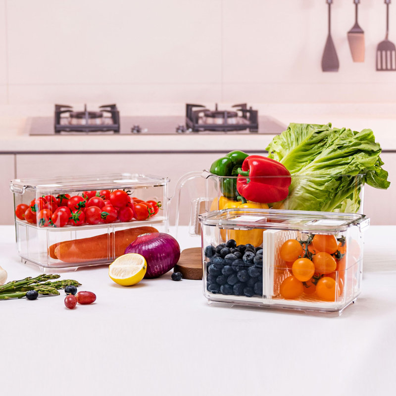 Food Storage Containers Fridge Produce Saver- Stackable Refrigerator Organizer Keeper Drawers Bins Baskets With Lids And Removable Drain Tray For Veggie, Berry And Fruits, 1 Medium And 1 Large