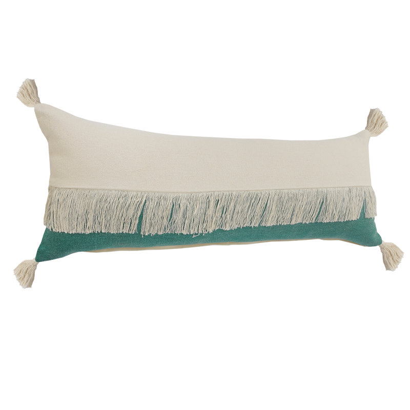 Housse de coussin décoratif contemporaine 100% coton à franges Color Block, Vert émeraude / blanc cassé