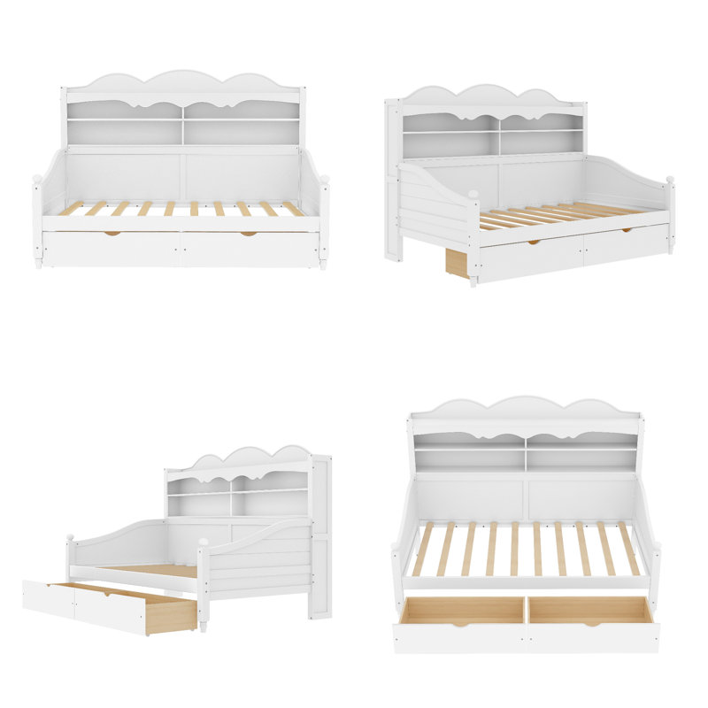 Lit de jour simple rétro avec tiroirs de rangement sous le lit et tablettes de tête de lit | Conception peu encombrante pour les espaces compacts | Aucun sommier tapissier requis | Assemblage facile