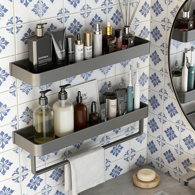 2-Tier Floating Wall Shelf With Removable Hooks, Gray