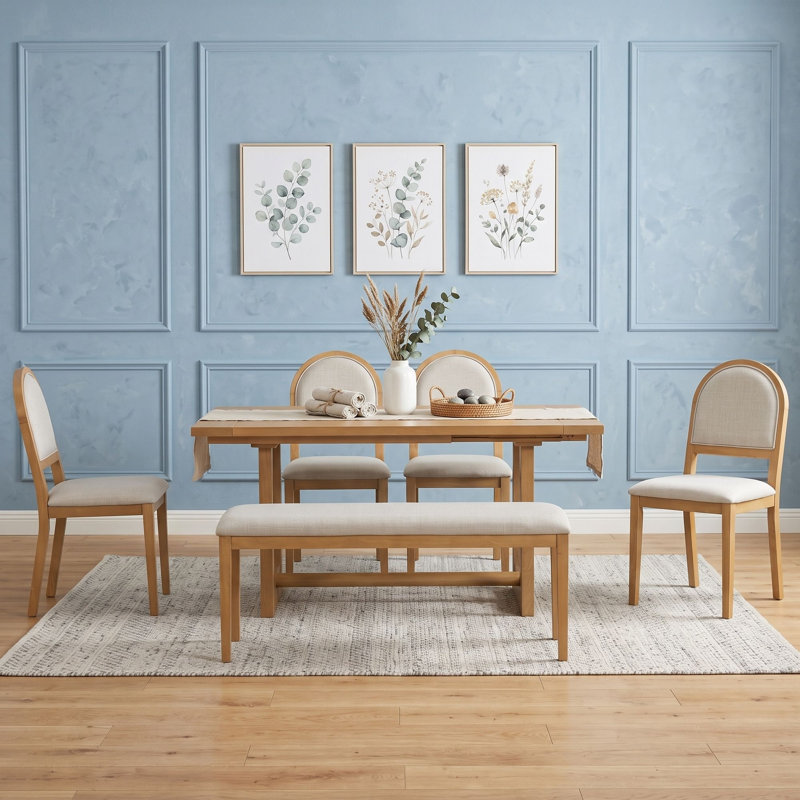 Ensemble de salle à manger 6 pièces avec table extensible, chaises et banc, Naturel