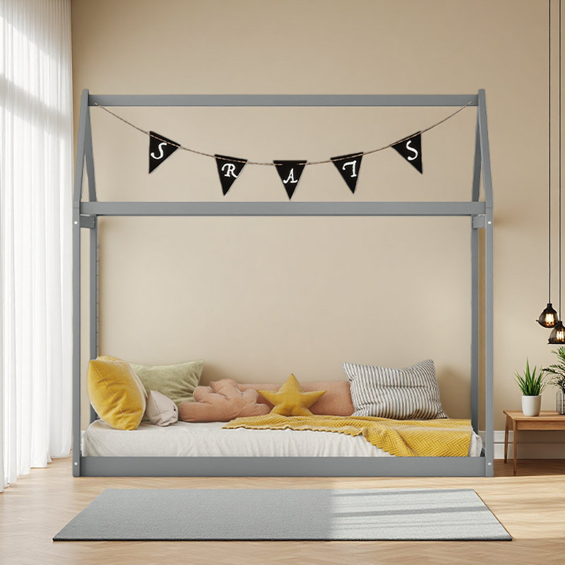 Twin Size Wooden House Bed, Gray