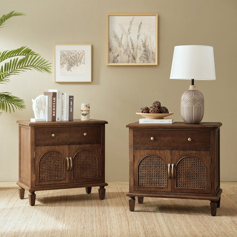 Dyals Traditional 27"Tall Nightstand Design Rattan Cabinet Doors  with Built-in Power Outlet and Adjustable Shelf (Set of 2)